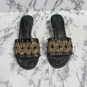 Eric Javits Black Gold Bronze Metallic Crochet Beaded Sandals Women's Size 6